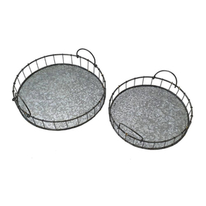 Juego de 2 bandejas decorativas de hierro galvanizado estilo rústico, bandejas redondas de metal gris con asas para mesa de café o decoración del hogar - Product Image 1