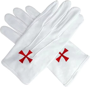 Gants maçonniques pour hommes en coton blanc avec croix de chevalier, accessoire de régalia maçonnique brodé avec la croix templier - Product Image 1