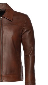 Veste de moto en cuir véritable marron pour homme de qualité supérieure, fermeture éclair, coupe ajustée, pour l'automne - Product Image 2