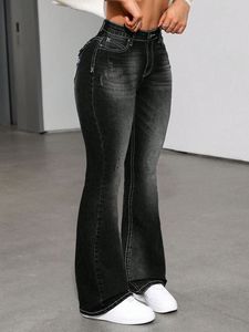 Jean en denim évasé taille mi-haute pour femme, longueur intégrale, imperméable, sexy, style streetwear, délavé, en coton, décontracté, style automne - Product Image 1