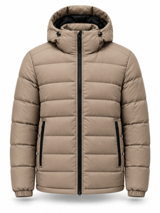 Men's Beige Hooded Puffer Jacket <b>Waterproof</b> Windproof Casual Zipper Front Logo Polyester Wadding Regular Length <b>Winter</b> <b>Coat</b> - Product Image 1
