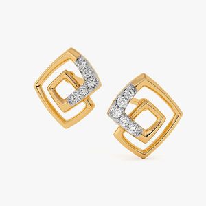 Boucles d'oreilles clous en or jaune avec diamants de laboratoire, motif carré ajouré entrelacé - Product Image 3