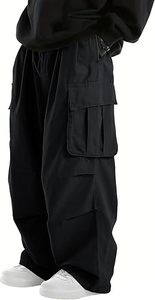 Pantalones Cargo Harem Negros para Hombre, Cintura Elástica, Múltiples Bolsillos, Estilo Urbano, Corte Holgado, Transpirables, Ecológicos y Ligeros - Product Image 2