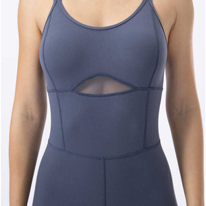 Women Seamless Yoga Jumpsuit Full Length High Waist Racerback Cut-Out <b>Mesh</b> Detail Four-Way Stretch Gym Wear - Product Image 4