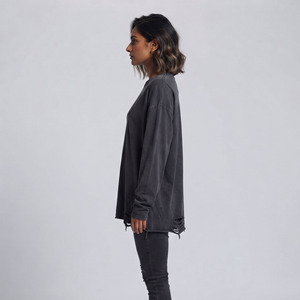 T-shirt ample et délavé à col rond pour femme, manches longues, en coton, coupe décontractée, couleur unie, style streetwear - Product Image 5