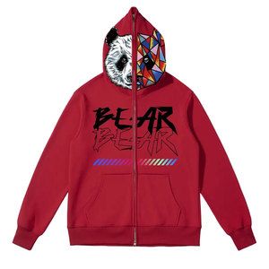 Sudadera con capucha y cremallera de algodón 100% con diseño de bloques de color en contraste, hombros caídos y máscara facial completa, estilo streetwear de invierno personalizado. - Product Image 2