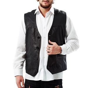 <b>Men's</b> Premium Quality Casual Cowhide <b>Leather</b> <b>Waistcoat</b> Black with Buttons Sleeveless Winter Vest Western Style Wholesale - Product Image 1