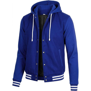 <b>Men's</b> Royal Blue Varsity <b>Jacket</b> Hooded Button Closure Solid Color Casual Style Autumn Wear Satin Lining Regular Fit - Product Image 2
