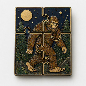 Pin de solapa de rompecabezas personalizado al por mayor, insignia de metal troquelada de esmalte suave, broche de unión entrelazada OEM para fanáticos del manga Bigfoot - Product Image 1