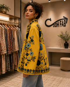 Abrigo de punto floral Suzani amarillo bordado de algodón de secado rápido para mujer, talla grande, sin costuras, con cuello alto, informal, para otoño e invierno - Product Image 3