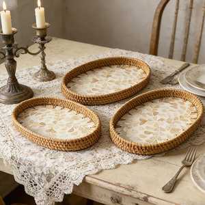 Panier de rangement rond décoratif en coquillages avec poignée, assiette à fruits colorée en coquillages, vaisselle décorative créative - Product Image 5