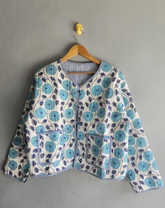 <b>Quilted</b> <b>Jacket</b> Women Floral Embroidery Cotton V Neck Three Quarter Sleeve Spring Style White Blue <b>Pattern</b> gift for her - Product Image 1
