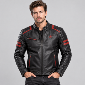 Blouson de moto en cuir noir pour homme, manches longues, coupe-vent, style course, toutes saisons, avec logo frontal. - Product Image 1
