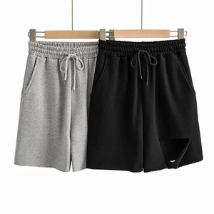 <b>Women</b> Solid Color Knitted <b>Sweat</b> <b>Shorts</b> With Drawstring Waist And Pockets Casual Loose Fit Mid Rise Breathable Fabric - Product Image 1