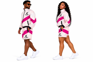 Unisex pink <b>white</b> <b>tracksuit</b> set pink sportswear set <b>white</b> color blocking sporty jacket shorts quick dry summer wear outfit - Product Image 4