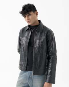 <b>Men's</b> Black Embossed Genuine <b>Leather</b> Quick Dry Wool Lining Moto <b>Jacket</b> Turn-down Collar Zipper Closure Regular Fit Autumn Style - Product Image 3