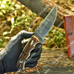 Cuchillo de Caza y Supervivencia de Hoja Fija de Acero de Damasco Personalizable con Cuerno de Ciervo, Funda de Cuero, Venta al por Mayor, Cuchillos EDC - Product Image 4