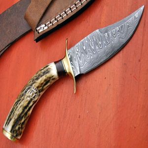Couteau Bowie artisanal en acier Damas D2, manche en os, étui en cuir fin, couteau de camping industriel DIY pour l'extérieur, OEM - Product Image 1