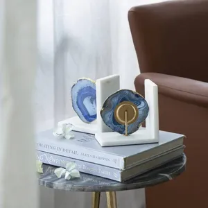 Luxury Natural Blue Agate Marble Bookends Gold Edged Crystal Stone Geode <b>Book</b> Ends Holder for Home Office <b>Study</b> Decor - Product Image 2