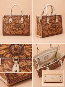 Sac fourre-tout d'été pour femme en cuir véritable brodé tournesol, style bohème, écologique, avec fermeture éclair, décontracté, pour voyage, à porter à l'épaule - Product Image 3