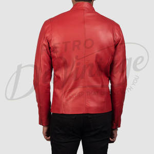 Blouson de motard en cuir rouge premium pour homme, en véritable peau de mouton, coupe ajustée, col montant, fermeture éclair, style sport et mode. - Product Image 6