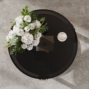 Tavolino da Caffè Moderno Asimmetrico in Metallo con Piano a Specchio Nero e Base Circolare in Metallo Dorato con Ripiano Inferiore - Product Image 4