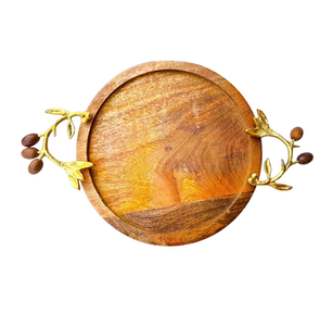 Plateau décoratif rond en bois de style rustique, avec poignées en forme de branche d'olivier dorée, vendu en une seule pièce - Product Image 4