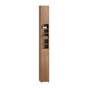 Minimalist Teak Wood <b>Tall</b> Bathroom Storage <b>Cabinet</b> with Open Shelving and Drawer - Product Image 1