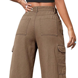 Womens Denim <b>Cargo</b> Pants Wide Leg Cotton Jeans <b>High</b> <b>Waist</b> Loose Fit Multi Pocket Casual Streetwear Full Length Fashion Pants - Product Image 4