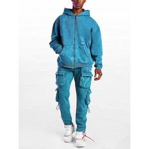 Ensemble de survêtement personnalisé pour homme, effet délavé, avec sweat à capuche et pantalon de jogging en coton orné de strass, style streetwear, fournisseur - Product Image 3