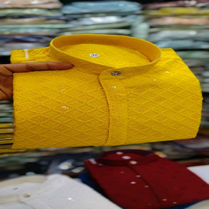 Kurta pyjama traditionnel pour homme, confectionné en tissu rayonne avec un motif chikan fait main, idéal pour les festivals, les cérémonies et les occasions ethniques. - Product Image 1