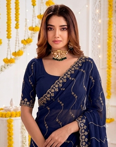 Sari de Seda Azul con Bordado Dorado, Traje Tradicional Indio para Bodas, para Mujer, Largo hasta el Suelo, Corte Regular - Product Image 4