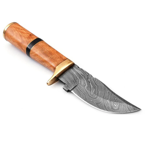 Cuchillo de caza hecho a mano con hoja de acero de Damasco, mango de madera y detalles en latón, herramienta de supervivencia para exteriores con hoja fija. - Product Image 4