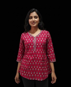 <b>Women</b> Wear <b>Red</b> Floral Printed Pure Cotton Kurti and Top Loose Fit Traditional Casual Wear India Style Daily Wear Top Kurtis - Product Image 1