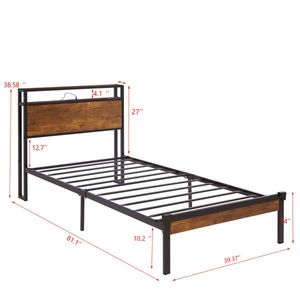 Letto a piattaforma matrimoniale in metallo con testiera e pediera in legno, porta USB, senza bisogno di rete a molle, con contenitore - Product Image 4