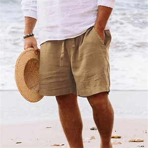 Men's Solid Color Linen Bermuda Shorts Mid Waist Drawstring Casual Beach Wear Breathable With Pockets - Product Image 1