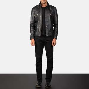 Veste moto en cuir véritable noir pour homme, col montant, fermeture à boutons, coupe ajustée, longueur normale, couleur unie, style automne - Product Image 5