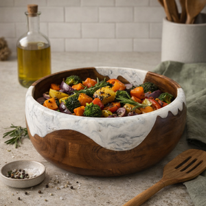 Vajilla de Madera de Acacia con Resina Epoxi Blanca, Tazón Redondo para Ensalada, Hecho a Mano, Color Marrón Natural, para Servir, Fiestas, Decoración del Hogar - Product Image 3