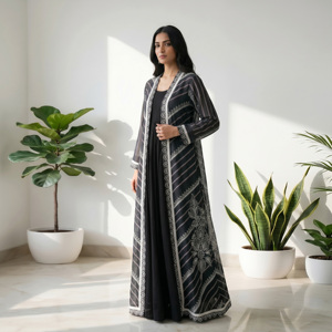 Abaya ouverte sur le devant BSY à rayures géométriques, vêtement islamique modeste pour femme, caftan de Dubaï, manteau long de qualité supérieure, robe de mode - Product Image 4