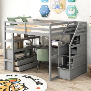 Letto a soppalco a grandezza naturale con scala contenitore grigia, scrivania, scaffali e due cassetti integrati per bambini - Product Image 1