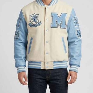 Veste de style preppy pour homme, bleu crème, avec broderie de la lettre M, coupe classique, col classique, pour l'automne, veste varsity homme - Product Image 2