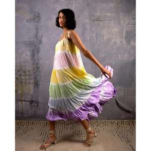 Robe longue sans manches à volants pour femme, motif color block arc-en-ciel, coupe ample, tenue d'été pour les vacances - Product Image 2