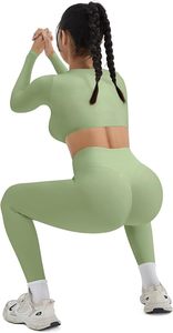 Seamless Yoga Set <b>Women</b> High Waist <b>Leggings</b> Crop Top Full Sleeve Sport Wear Two Piece Gym Outfit Stretchable Activewear - Product Image 5