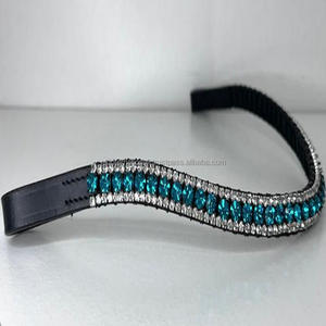 Beautiful Handmade Blue Green Diamante <b>Crystals</b> Rhinestones Bling Padded Black Leather Horse Brow Band with <b>Stitched</b> Loop Ends - Product Image 4