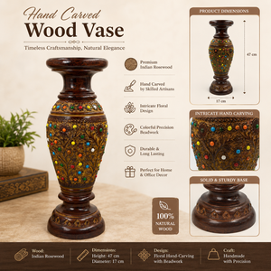 Vase décoratif en bois de rose indien sculpté à la main |   Vase à fleurs en bois floral avec des perles colorées |   Décoration d'intérieur artisanale, cadeau d'appoint - Product Image 5