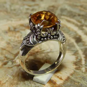 手工新系列925实心纯银戒指垫切割柠檬宝石戒指
