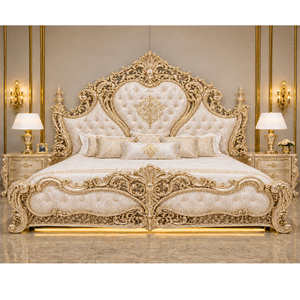 Ensemble de chambre à coucher de luxe en teck blanc doré de style italien, taille standard, hauteur réglable, avec lit en forme de cœur - Product Image 1