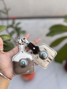 New Collection Cowhide Leather <b>Key</b> <b>Chain</b> Rectangular Shape Unique Design Western Conchos Turquoise Stone Decorated Unisex Use - Product Image 1
