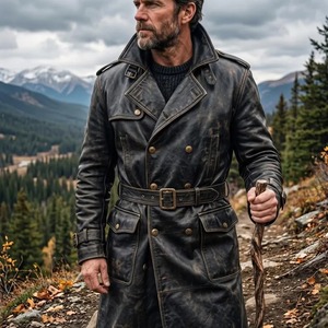 <b>Men</b>’s <b>Black</b> Leather Trench Coat, Distressed Long Duster Jacket, Vintage Leather <b>Overcoat</b> - Product Image 3