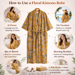 Robe kimono bohème en coton jaune à fleurs pour femme, col en V, manches longues, longueur longue, cordon de serrage, 2 poches, tenue de nuit artisanale - Product Image 6